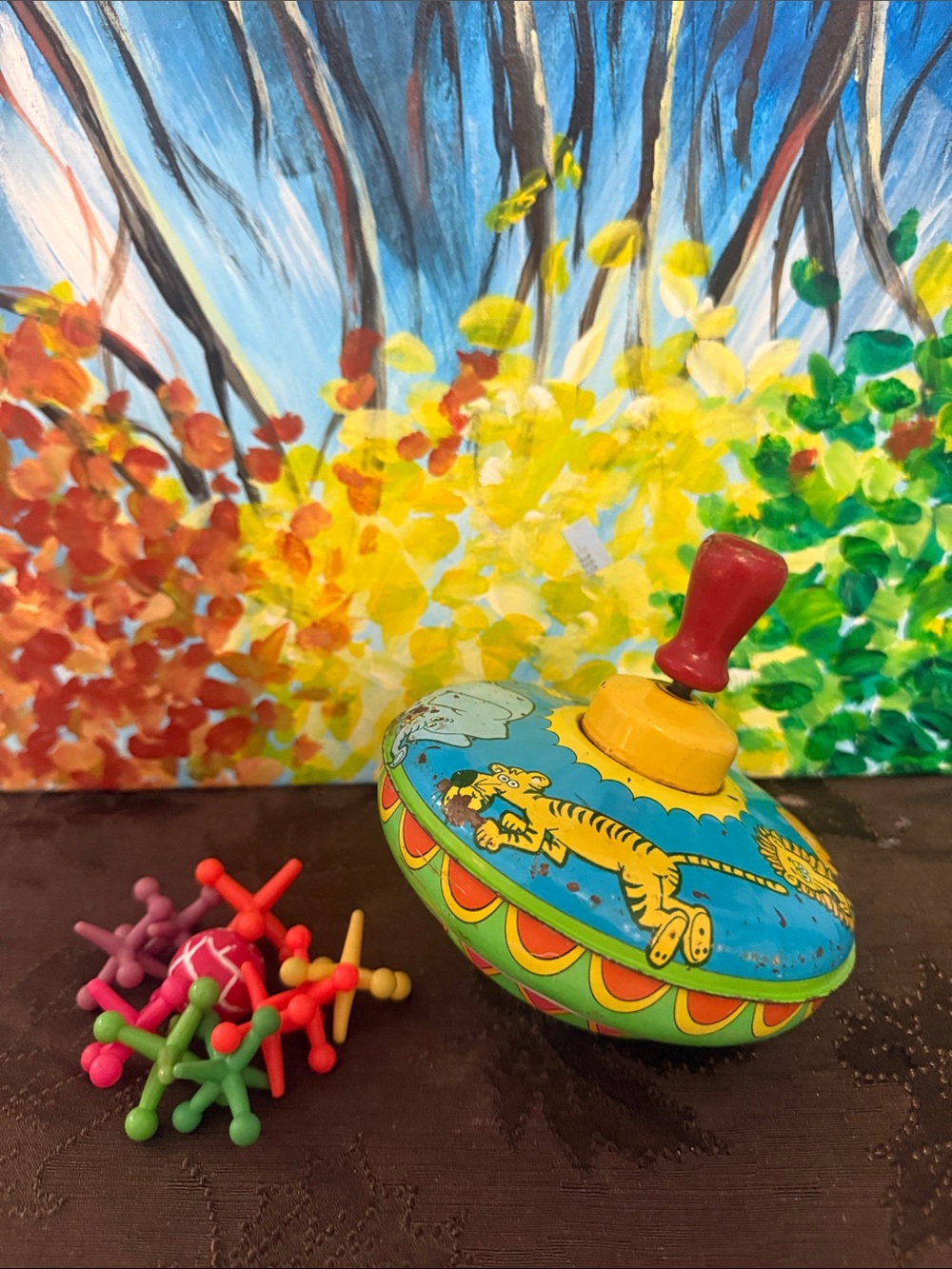 Vintage-Style Kids Spinning Top Toy and Neon Plastic Jacks Game
